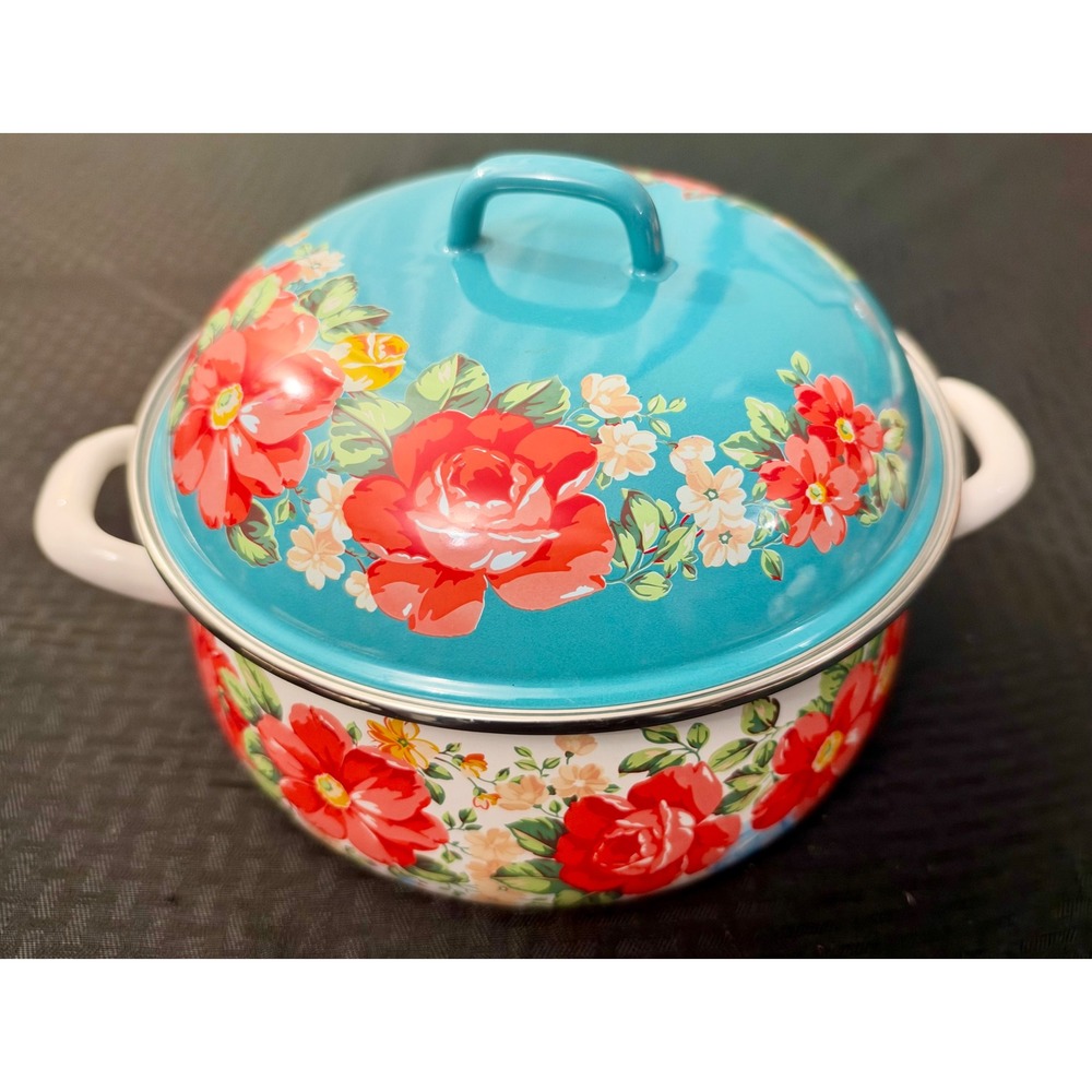 Pioneer Woman Breezy Blossom Floral 4 Qt Enamel Dutch Oven Pot Lid Farmhouse